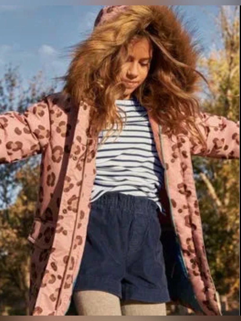 Boden Pink Leopard-Print Hooded Raincoat with Faux-Fur Trim